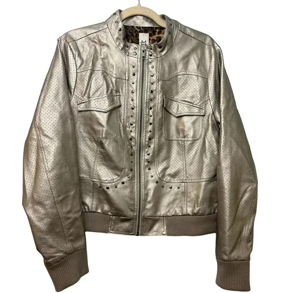 Marc Bouwer Faux Leather Moto Jacket Size Large Cropped Silver Metallic Biker